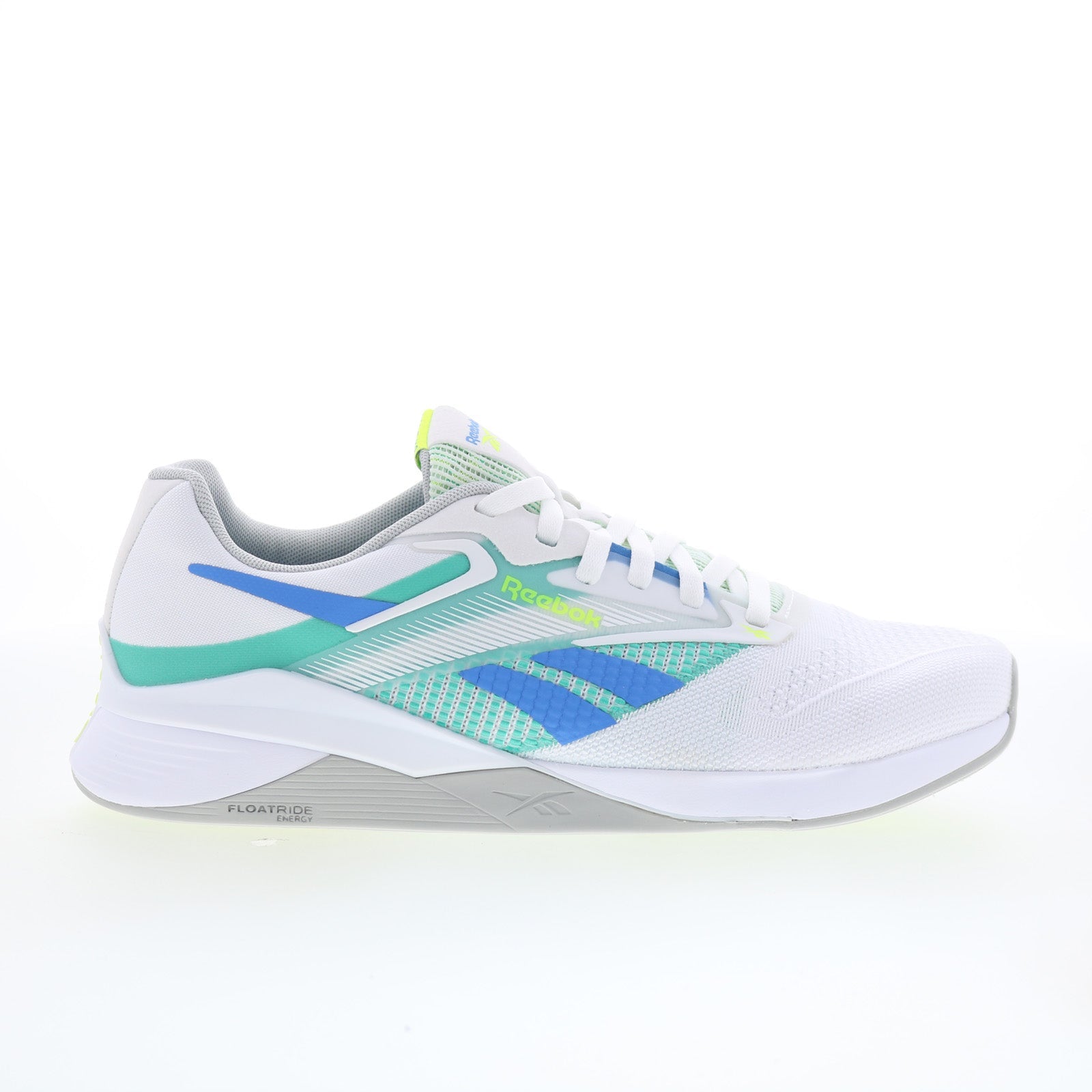 100204671_nano_x4_white_green_grey_01_e986a1c2-9c56-41b8-8dcc-4896a8cf836c Reebok Nano X4 Mens White Mesh Lace Up Athletic Cross Training Shoes - Image 1