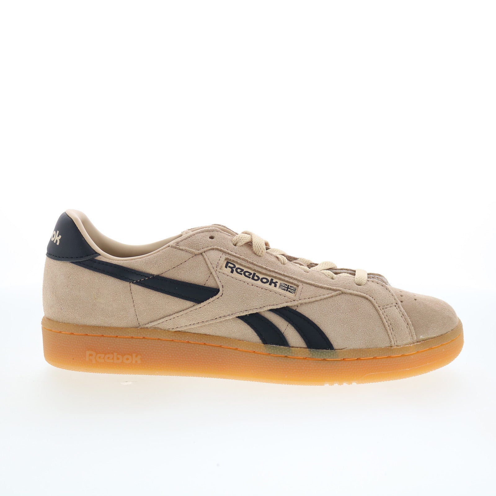 100229643_club_c_grounds_uk_tan_black_gum_01_e6406a89-5a01-47b0-83c2-7d62595e9b73 Reebok Club C Grounds UK Mens Brown Suede Lace Up Lifestyle Sneakers Shoes - Image 1